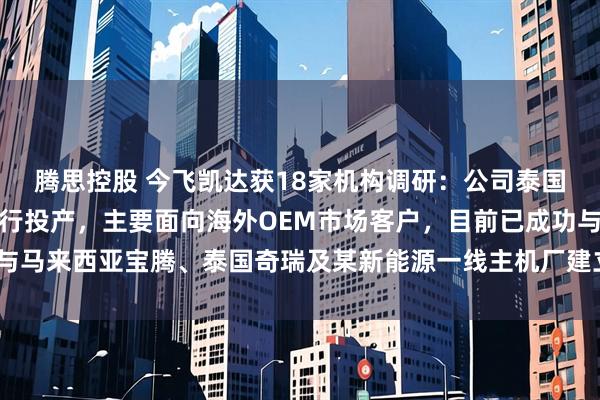 腾思控股 今飞凯达获18家机构调研：公司泰国工厂二期预计于今年进行投产，主要面向海外OEM市场客户，目前已成功与马来西亚宝腾、泰国奇瑞及某新能源一线主机厂建立合作关系（附调研问答）